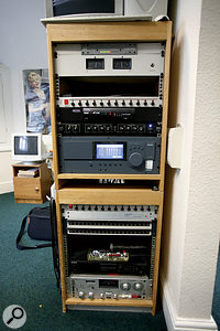 The equipment rack at Radio Caroline, which houses meters, network routers and, in the middle, an Orban Optimod 8282 automatic leveller and multi-band compressor.