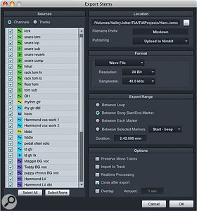 The Export Stems dialogue defines which tracks will be exported, the file format, location, and other significant settings.