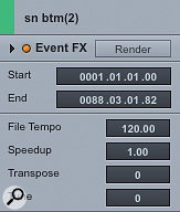 The Audio Event inspector gives every event its own real-time processing parameters. Speedup is tempo-independent time change without pitch change.