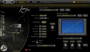 Ivory pianos' 'Session' window hosts overall gain, tuning and velocity controls. The 'hardness' parameter determines the instrument's response to changes in key velocity, depicted in the blue Velocity Map graph: a zero setting produces a linear velocity-to-level response (as shown), and positive settings produce a quickly-rising slope (making the piano more sensitive to quiet notes than to louder ones), while negative settings have the opposite effect (ie. the piano becomes more sensitive to louder dynamics). 