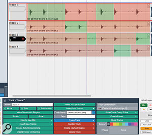 Any tracks can now be added to a  Comp Group and used with Tracktion’s rather neat comp–editing tools.