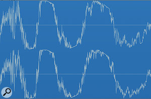 Here's a small section of the waveform of Katy Perry's hit 'Last Friday Night', showing the kick‑drum hit at 1:56. Notice the flattened diagonal sections of the waveform, which suggest to me that this mix was already clipped before it even reached the mastering stage.