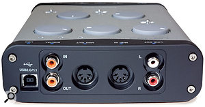 The US144's connectivity comprises (top) two XLR mic inputs, two line inputs, one switchable for high impedance, and a central headphone output jack, plus (bottom) a USB port, coaxial digital I/O, MIDI I/O, and stereo analogue outputs on phono connectors. The 122L loses the digital I/O but is otherwise similar.