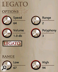 Liberis' 'true legato' controls. The upper 'range' setting defaults to 12 (semitones), which sets the active legato range to an octave. Reduce the setting to two or three and you can play up to three independent legato voices, each operating within a two‑ or three‑semitone zone. The lower pair of range settings control the global play range of the legato patch.