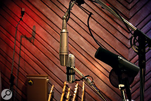 Though he's a fan of the unsung Shure SM57, Hoffer also makes use of more desirable vintage mics such as the Neumann U67 and RCA B77DX on display here.