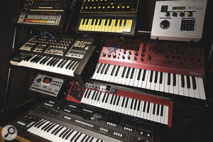 A few choice Soma instruments, including (top row) Roland TR808 drum machine, EDP Wasp and Elektron SIDstation synths; OSC OSCar and Synton Syrinx synths; Elektron Machinedrum drum machine, Clavia Nord Lead 2 and Elka Synthex synths.