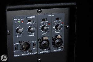 The mid/top speakers include a basic two‑channel mixer (both inputs can be set to mic or line sensitivity), as well as high‑pass filtering and a switchable 'speech' preset EQ.