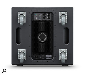 The M15B, with castors fitted. The subwoofers' control panels are simpler than the tops', providing access to the two inputs and thru outs, as well as a polarity invert switch and a sweepable bass-boost option.