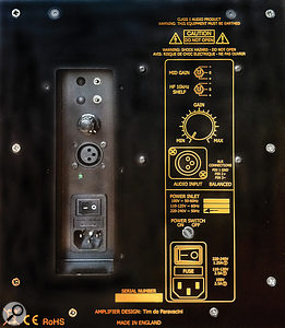 The Boulder's rear panel houses its mid-range and HF tuning controls, a gain pot, and the input XLR connector.