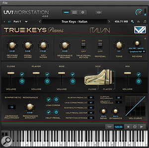 True Keys Pianos' UVI Workstation GUI contains a four-channel mixer for its three microphone positions and 'mix' samples, an elaborate array of pedal controls, and convolution reverb settings. A second 'multi' page (featuring eight-band parametric EQ and a full range of effects) allows the creation of multitimbral user setups.