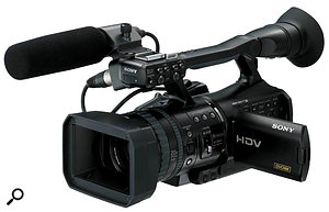 The Sony HVR V1 (far left) records progressive HD footage to standard DV tapes, while the JVC GY HM100 records progressive HD footage to SDHC memory cards. Canon's XL1S is an older camera, shooting standard-definition footage to DV tape. It is, however, a more advanced model than the other two video cameras pictured, with a high quality, large lens and shoulder mounting. The Canon 550DRebel T2i DSLR (far right) is currently the least expensive DSLR to provide 1080p video, but is probably best combined with accessories, such as some kind of steady‑mount