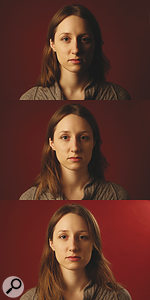 These three images show three‑point lighting being built up. The top shot shows the key light, while in the middle one the 'fill' has been added. The third adds a rim‑light, separating the subject from the background.