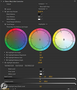 The Three Way Color Corrector in Adobe Premiere Pro CS4 allows adjustment of shadow, mid-range and highlight colour. Input levels can be used to 'crush' the black for a dramatic look.