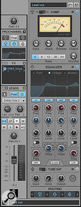 Sonar X1 Producer's ProChannel aims to bring the big console sound to your desktop, with classic compressors, a versatile EQ, and a tube saturation stage. Here you can see ProChannel open on the Console View, but you could also access it via the Inspector. Note the mini ProChannel controls in the main Channel strip as well.