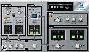 The MixEfx control panel offers additional preamp features such as high-pass filter, polarity reversal and an auto gain feature. The Mixer panel at the bottom left of the window is used to establish a  headphone mix, whilst the Effect section at the top right is used to add reverb or delay to the input signals.