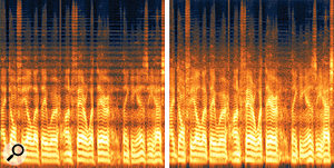 Before (left) and after (right): you can see from this spectrogram that the comb filtering which is clearly visible in the unprocessed audio as horizontal bands across the entire spectrum is significantly reduced once Unfilter has done its work.