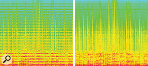 Another ‘before and after’ example: the left image shows an audio file rendered almost unlistenable by the prominent resonant peaks (horizontal red lines). Again, Unfilter has significantly improved matters (right).