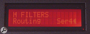 You can clear up low-end muddiness using a high-pass filter: first set filter two to its HP mode (top inset), then select a series routing from the filter section's Edit menu (bottom inset), and finally adjust the cutoff by ear (right).