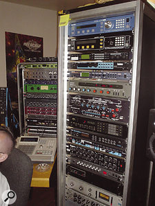 The well-stuffed gear racks in the main studio.