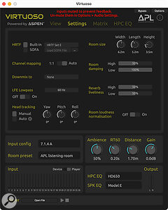 Screen 2: The Settings page allows you to tweak parameters relating to the HRTF and room modelling.