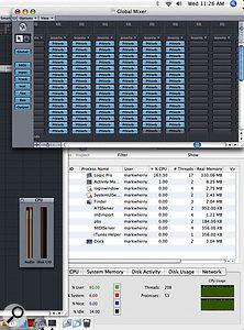 Here's the Intel iMac running 88 Platinumverbs in Logic Pro 7.2. Not bad; but notice how even though Logic's CPU meters are flat out, the 80 percent User CPU usage in Activity Monitor suggests there may still be even more potential for performance improvements.