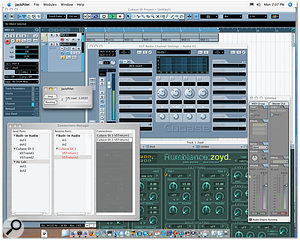 Here you can see an AU Instrument plug-in, running in AU Lab, being triggered from a MIDI track in Cubase. Its audio output is being routed into a Cubase audio track, via Jack and a clever VST plug-in included with the Jack OS X distribution.