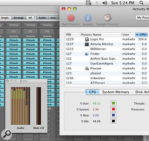 Activity Monitor is a useful way of checking how much of your Mac's resources your applications are making use of, even when such applications report a system overload. Logic Pro's use of multiple cores is somewhat quirky, as you can see here. While all eight cores are displayed, notice how in this situation the eighth core itself is apparently completely free, even though the Project is rather busy.