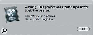 The confusing warning dialogue shown by Logic 8.0.2 when opening GarageBand 5 files.