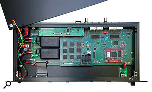 The review unit featured the optional 64-channel asynchronous sample-rate conversion board, seen here in the middle, with seven Analog Devices ICs.