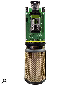 The Equitek E‑200 capacitor mic uses (and charges) two rechargeable 9V batteries as a power reservoir that makes more current available for its built‑in amps than is available over standard 48V phantom power. It’s an old mic and though NiCad batteries were originally specified, NiMH types will work just fine.