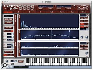 The Voice Program editor window. Sounds are divided into their pitched components (the top two windows, under the heading 'Harmonics') and their unpitched, or noise components (below, labelled 'Noise'). In both sections, the 'Amp' curves trace the overall amplifier envelope of that component over time. The uppermost display here shows the amplitude of the individual harmonics that make up the pitched component of the sound, while the third curve, labelled 'Frequency', shows the amplitude of the frequencies that make up the unpitched component of the sound over the range of audible audio. From the curve shown here, for example, you can see that most of the frequencies in the unpitched component of the sound are down at the low end of the audible spectrum, near 20Hz, and also between 3.3 and 5kHz.