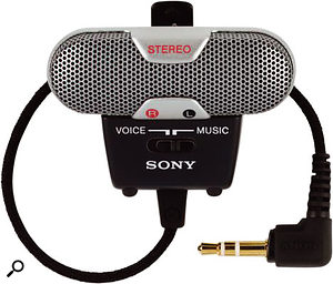 Care must be taken with some microphones intended for use with portable recorders, such as the miniature Sony ECM719 stereo mic (above), as these are designed to use the lower-voltage 'plug-in power' standard, and could be damaged by a studio 48V phantom supply.