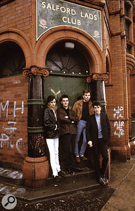 The Smiths famously posed in front of Salford Lads Club for the inner sleeve of The Queen Is Dead; this is one of the other photos from that session. From left to right: Johnny Marr, Morrissey, Andy Rourke and Mike Joyce.