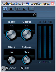 Cubase's Vintage Compressor uses another approach, as found in the UREI 1176, whereby an input gain control pushes the signal up against a fixed compression threshold to increase the amount of compression.