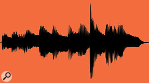 Setting a compression threshold above the majority of the note peaks allows you to compress just the rogue slap note, but if you used a normal moderate compression ratio (as in this waveform envelope) you wouldn't be able to contain the spike as well as you might like.