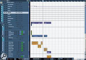 Group channels are a good means of regaining some control over unwieldy mixes. By default they're placed together (as shown in the Mixer view here) but you can move them around like other tracks to form subgroups for multi-miked instruments or other complex setups.