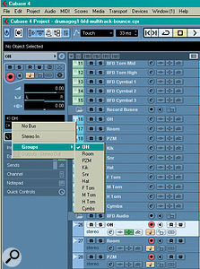 The next step is to create an audio track for each track you want to record. As with the Group tracks, you need to remember to create stereo or mono tracks as appropriate. On each audio track you can select the corresponding Group track as the input source, as pictured.