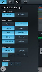 The MixConsole Settings screen allows you to configure the mixer controls, including channel types and cue mix faders.