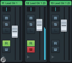 You can toggle between Record Enable buttons or automation Read/Write buttons (shown here) in the MixConsole.