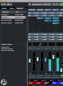 Cubase Pro 10's new MixConsole Snapshots system makes it easy to experiment with different level, pan and processing options, amongst other mixer settings.