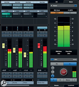 Cubase's Pro's Cue Sends can be used to monitor your reference tracks via the Control Room without the signal flowing through your project's master stereo bus — but while this side-steps any bus processing, it also skips the loudness metering, and it uses up one of only four available Cue Sends. Cubase's Pro's Cue Sends can be used to monitor your reference tracks via the Control Room without the signal flowing through your project's master stereo bus — but while this side-steps any bus processing, it also skips the loudness metering, and it uses up one of only four available Cue Sends.