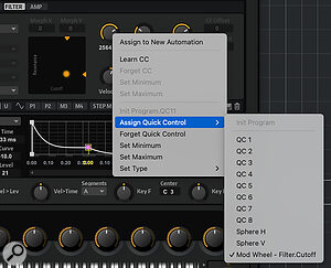 HALion Sonic’s Quick Control options allow you to configure the mod wheel to modulate between the low‑ and high‑intensity elements of our bass sound. HALion Sonic’s Quick Control options allow you to configure the mod wheel to modulate between the low‑ and high‑intensity elements of our bass sound.