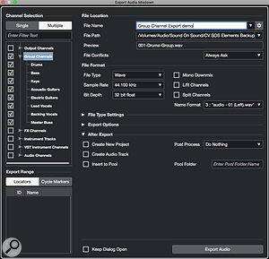 Cubase Pro's batch processing options in the Export Audio Mixdown dialogue allow instrument group stems to be created with ease.