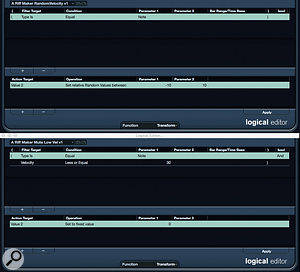 You can manipulate note velocity in various ways using the Logical Editor, whether that's subtle randomisation (above) or note muting (below).