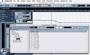 The Project Browser provides a numerical way to edit Automation Events. Here you can see Volume Automation Events for an audio track represented on both an Automation Sub-track in the Project window and in the Project Browser.