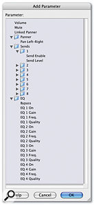 The parameter windows for audio tracks show which parameters can be automated. If any insert plug-ins were used on a given track, the parameters for these plug-ins would show up in this window when you were adding parameters to be automated for that track.