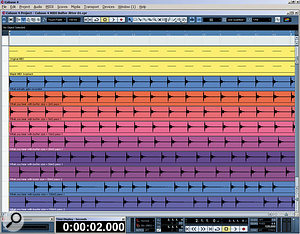 Many musicians find it difficult to get their heads around the concept of live MIDI buffering jitter, so here are the results of some practical tests. The top two yellow tracks show the original hand-drawn MIDI notes, and the very tight timing after looping them back via the Maple Virtual MIDI Cable. The output of this second track is routed to the LM7 drum synth, triggering a short clave sound, and what gets recorded is shown in the uppermost audio track. Beneath this are audio loopback captures of what you actually hear from the soft synth in real time, with increasing audio-interface buffer sizes. Even at 10ms latency you should be able to spot slight differences in spacing between the notes, while at higher buffer sizes the effects are greatly magnified, and notes will begin to emerge in 'clumps'. I've also shown two passes for the 50ms and 100ms buffer sizes, to show how this clumping will vary depending when the notes are played, compared with the creation of each new interface buffer.