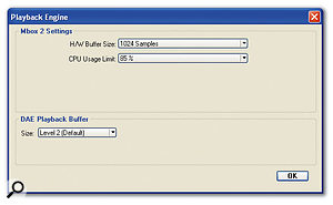 Buffer sizes between 128 and 2048 samples are supported. 