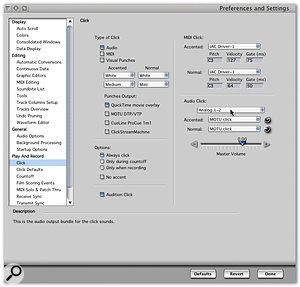 DP offers three types of click: Audio, MIDI and Visual. The Preferences window's Click pane is where you choose which you want to use.