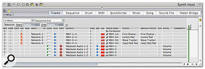 Here's the outcome of steps 8 to 11: a bank of MX4s hosted in Digital Performer, each with a MIDI track driving it from the network MIDI connection.